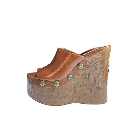 Naked Wolfe Womens 10 Tulip Tan Platform Wedge Mules Brown Leather Studded 70s - Picture 4 of 16
